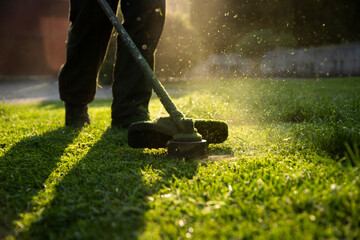 Lawn mover on green grass. Machine for cutting lawns.