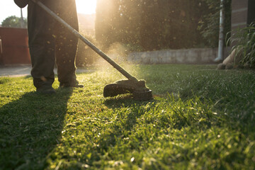 Lawn mover on green grass. Machine for cutting lawns.