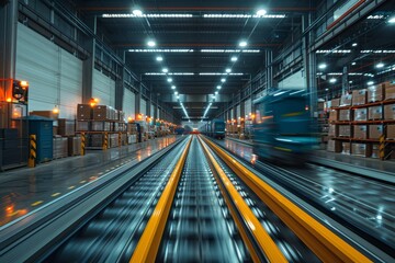 Captured motion at a loading dock with a moving freight vehicle in a modern warehouse