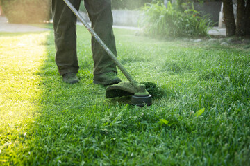 Lawn mover on green grass. Machine for cutting lawns.