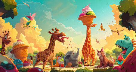 Obraz premium Cartoon scene featuring giraffes, zebras, and various other animals interacting in their natural habitat