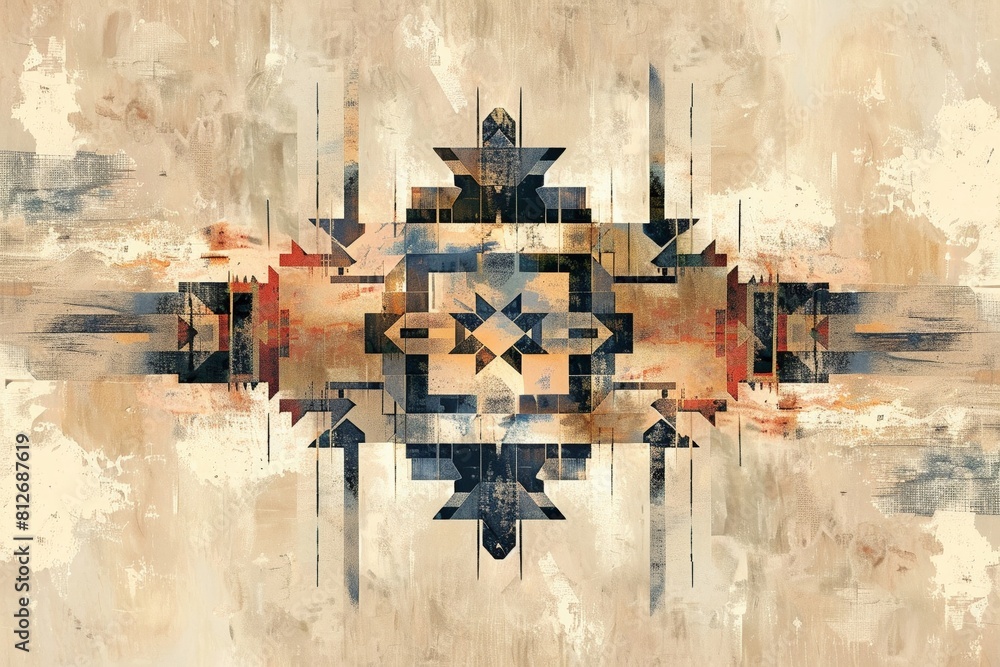 Poster a digital painting combining logistic shapes with southwestern patterns in a cream color palette