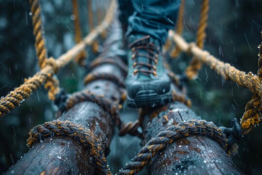 Fototapeta The perspective of walking on a suspended rope bridge with a focus on rain-soaked boots and ropes