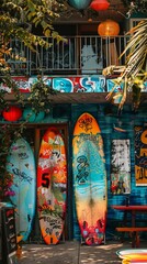 Naklejka premium A futuristic street scene with graffiti and vintage surfboards as art installations