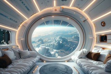 This image features a space habitat with a big circular window showcasing a breathtaking view of Earth and clouds from orbit