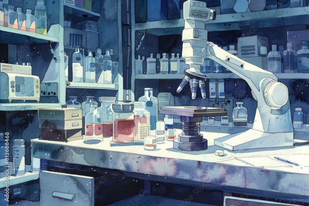 Poster an illustration showing a laboratory setting with a microscope on a table, with various scientific e