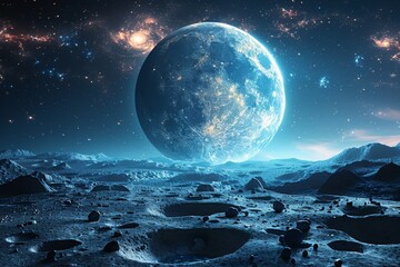 A stunning digital art piece featuring a large moon dominating the sky over a rugged, mountainous alien landscape