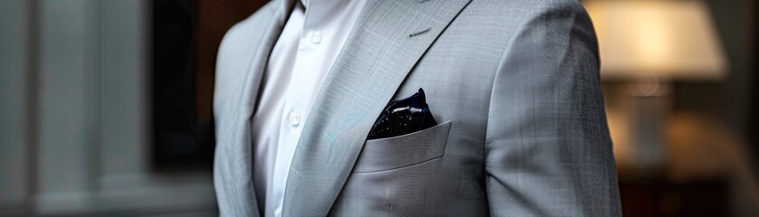 Detail shot of Aryas torso in a light grey business suit, highlighted against a minimalist backdrop, emphasizing sharp tailoring