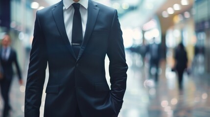 Detail shot of a male executives torso in a light grey business suit, highlighted against a futuristic blockchain network visualization