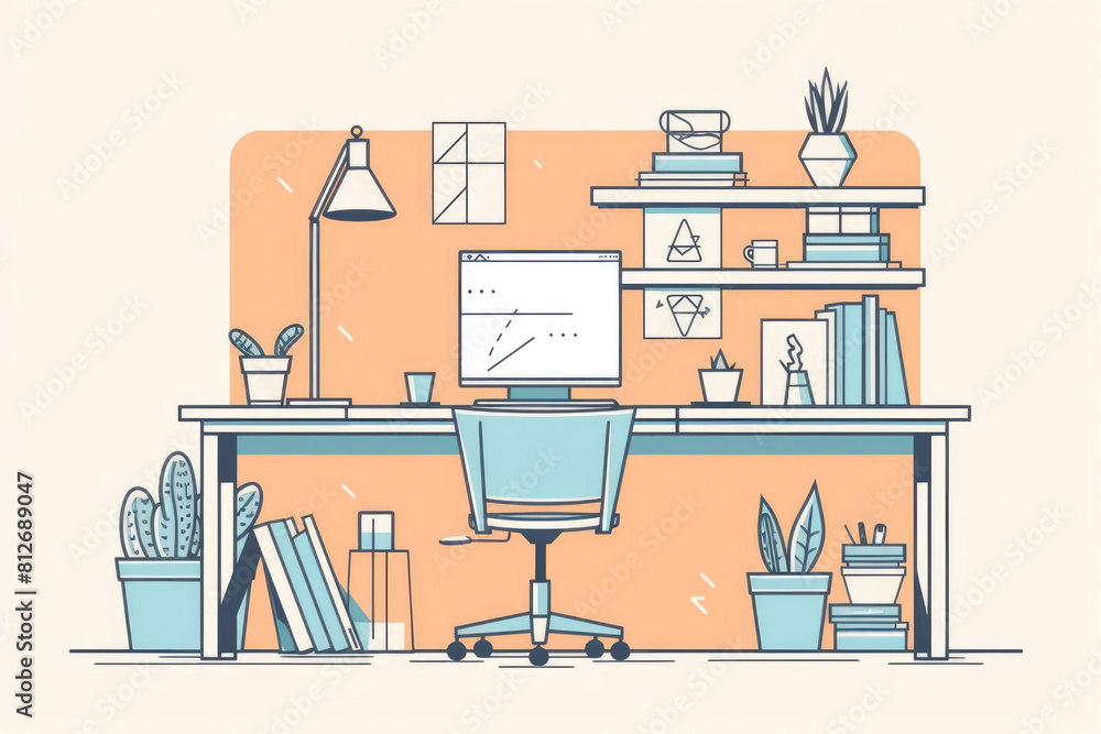 Poster a modern home office with various plants and a computer on a desk, creating a green and productive w