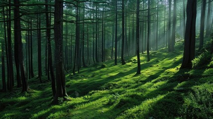 Beautiful dark and green woods An impressive sight of a Deodar forest