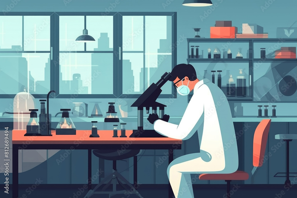 Poster a man wearing a lab coat is using a microscope to observe microorganisms in a laboratory setting