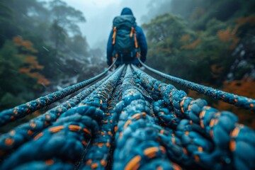 Back view of a person wearing a hooded jacket walking away on a foggy suspension bridge