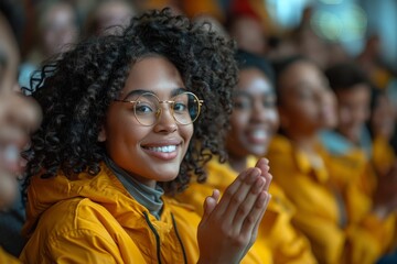 A young woman with glasses and a yellow jacket is smiling and clapping hands among a cheering crowd