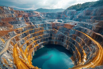 Stunning open-pit mining landscape with contrasting deep turquoise water at the bottom