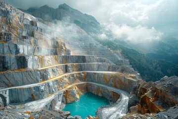 Fog rolls over mountainous marble quarry with turquoise water showing the contrast of nature and...