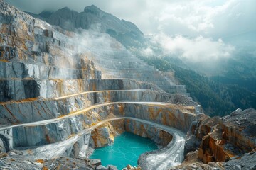 Fototapeta premium Fog rolls over mountainous marble quarry with turquoise water showing the contrast of nature and industry