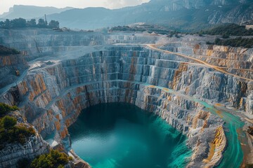 The breathtaking aerial view of a turquoise lake formed in the depths of a quarry surrounded by...