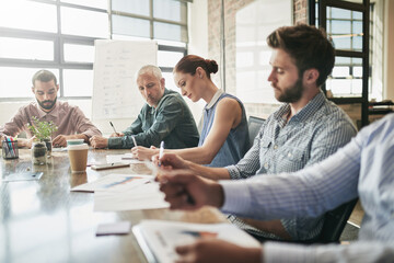 Business people, meeting and boardroom or statistics planning for financial growth, analytics or strategy. Men, women and brainstorming decision with paperwork charts or teamwork, ideas or project