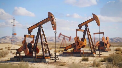 Oil rigs in a desert field, extracting crude oil from underground, oil production. Oil pumps from underground.