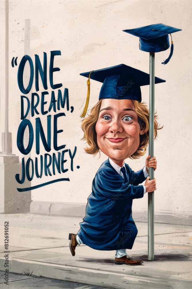 Poster A cartoon of a woman in graduation cap and gown holding up a pole, slogan 'one dream, one journey', AI