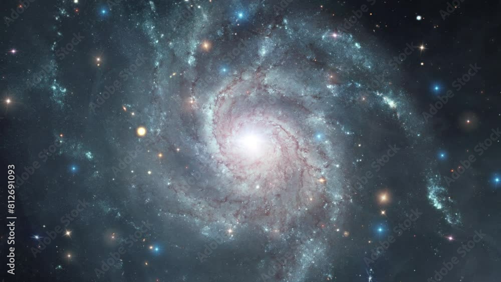 Poster space exploration travel through outer space towards messier 101 galaxy. animation of flying through