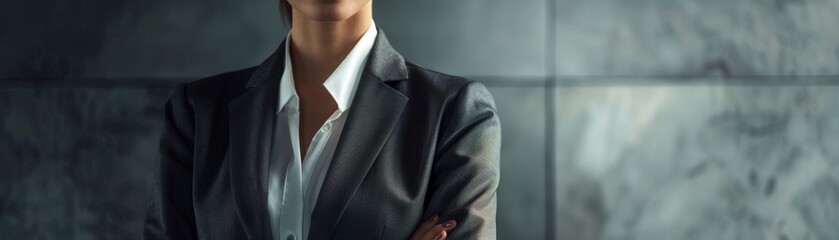 Crisp image of a female executive s torso in a black suit, symbolizing leadership and power in the financial industry