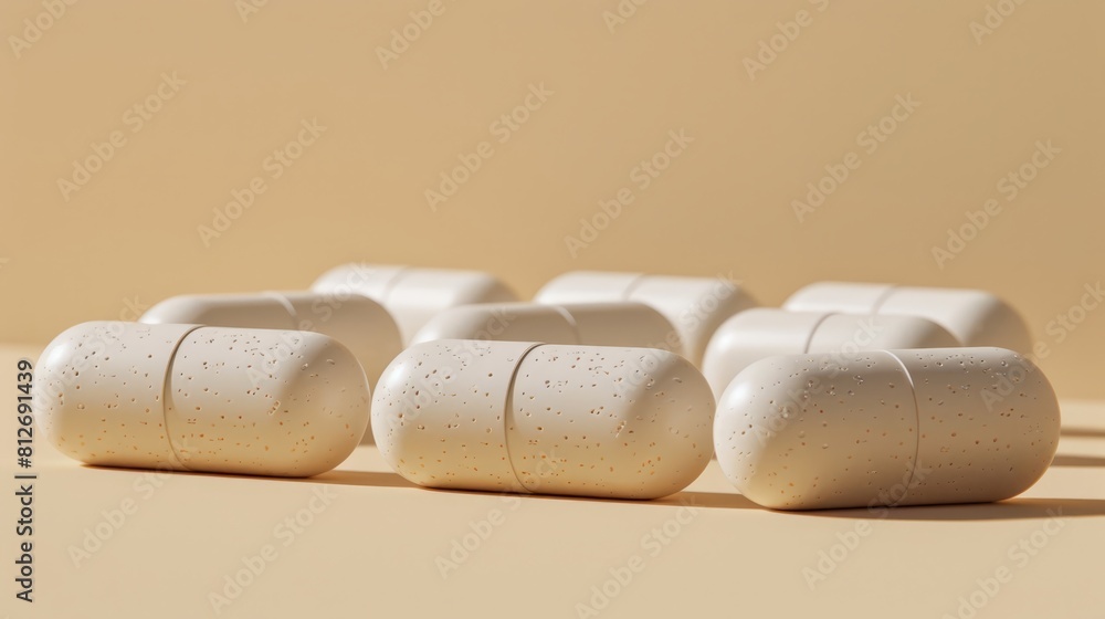 Poster a row of white pills are lined up on a table. the pills are all the same size and shape, and they ar