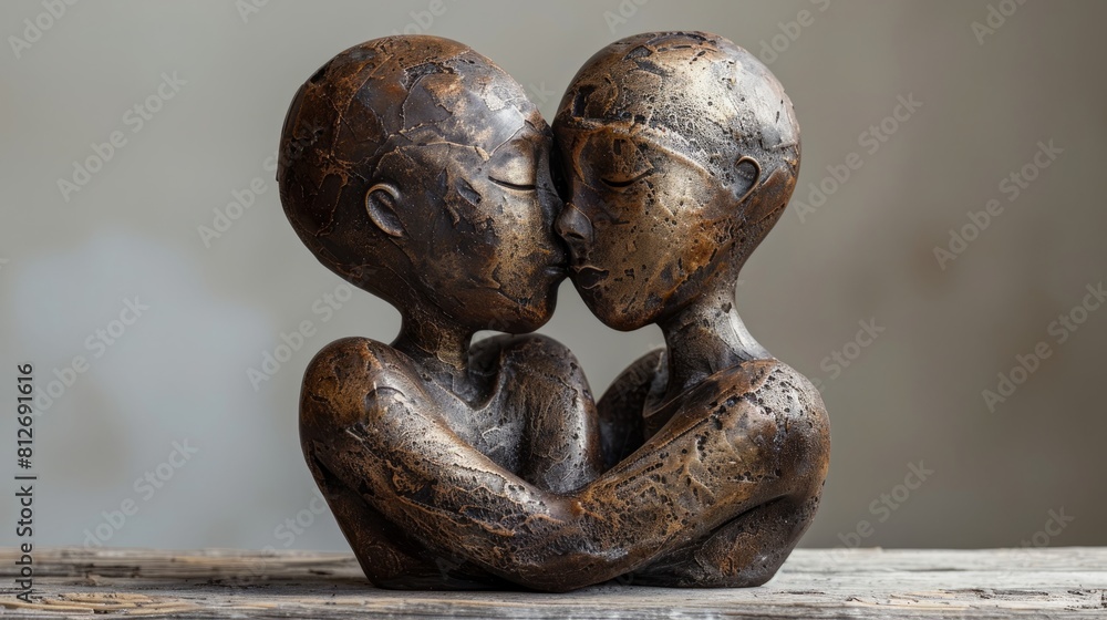 Poster two statues of people hugging each other. the statues are made of bronze and have a rough texture. s