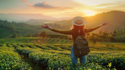 Fototapeta premium A woman standing in a field with her arms outstretched. Suitable for various concepts and themes