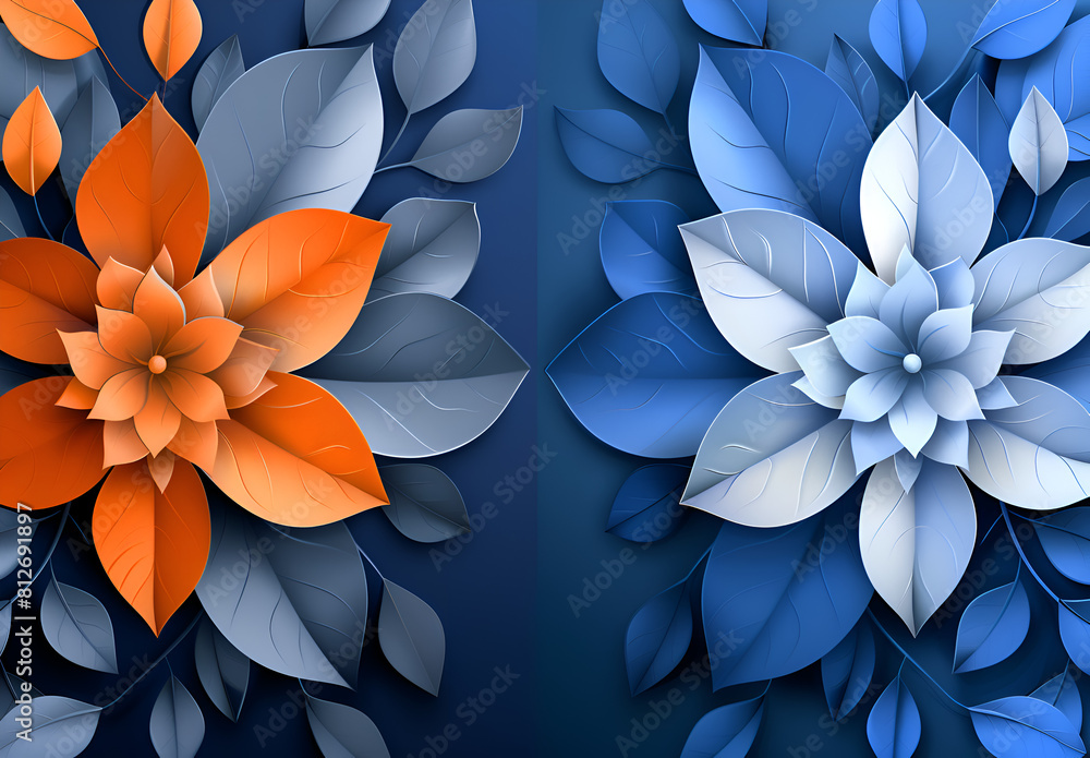 Aufkleber two flowers with blue and orange petals are displayed on a blue background. the flowers are arranged