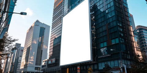 Naklejka premium A blank white billboard on office building in city