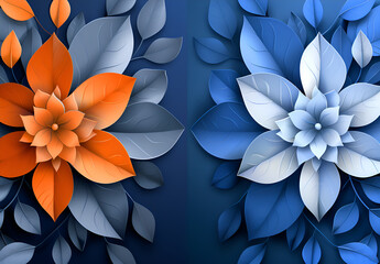 Two flowers with blue and orange petals are displayed on a blue background. The flowers are arranged in a way that they appear to be overlapping each other. Generative AI
