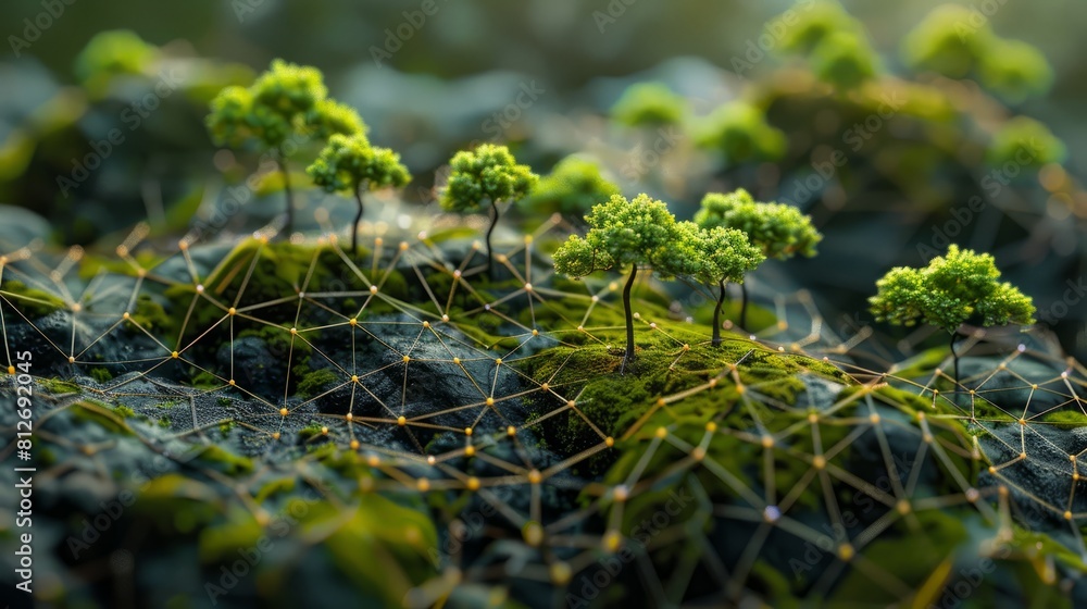 Poster a network of trees is growing on a rocky hillside. the trees are green and appear to be thriving in 