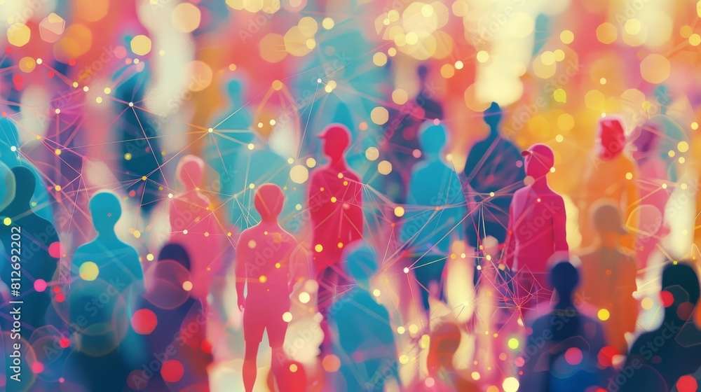 Poster a group of people are shown in a colorful, abstract style. the people are all different colors and s
