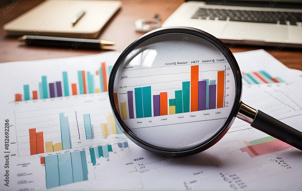 Poster background of an office with a magnifier analyzing and checking finance graphs