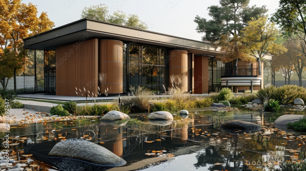 Poster a house with a large pond in front of it. the pond is surrounded by rocks and has a lot of leaves fl