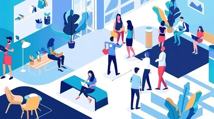 isometric illustration of a modern office space with people working at their desks, walking around, and talking to each other