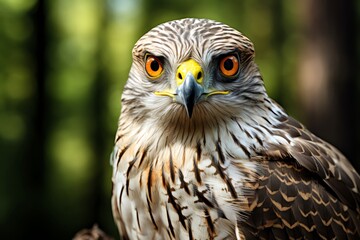 Fototapeta premium Close up of a Northern Goshawk perched, intense gaze, detailed plumage visible, muted forest background