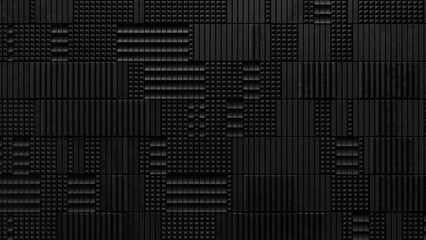Luxury abstract black concrete background brutalist. Dark 3d geometric texture illustration. Dark grid pattern. Pure black obscure tile wallpaper. Elegant brutalist. geometric black concrete tiles. 
