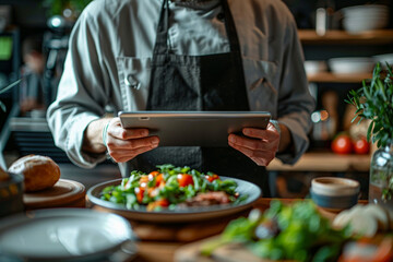 Naklejka premium A man holds a tablet, browsing menus, ordering food delivery, and rating restaurants using online services. A restaurant icon symbolizes the digital dining experience.