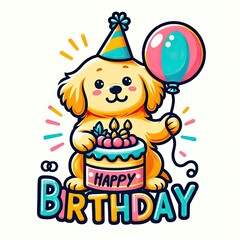 Naklejka premium dog design holding a balloon and a cake attractive used for printing illustrator.