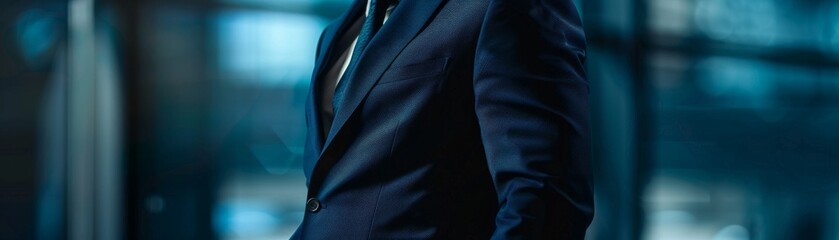 Closeup of a male business executive s torso in a charcoal grey suit, perfect for profiles that highlight continuity and stability in leadership