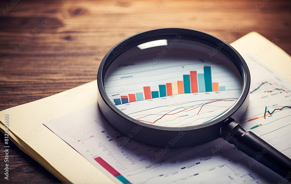 Poster background of an office with a magnifier analyzing and checking finance graphs