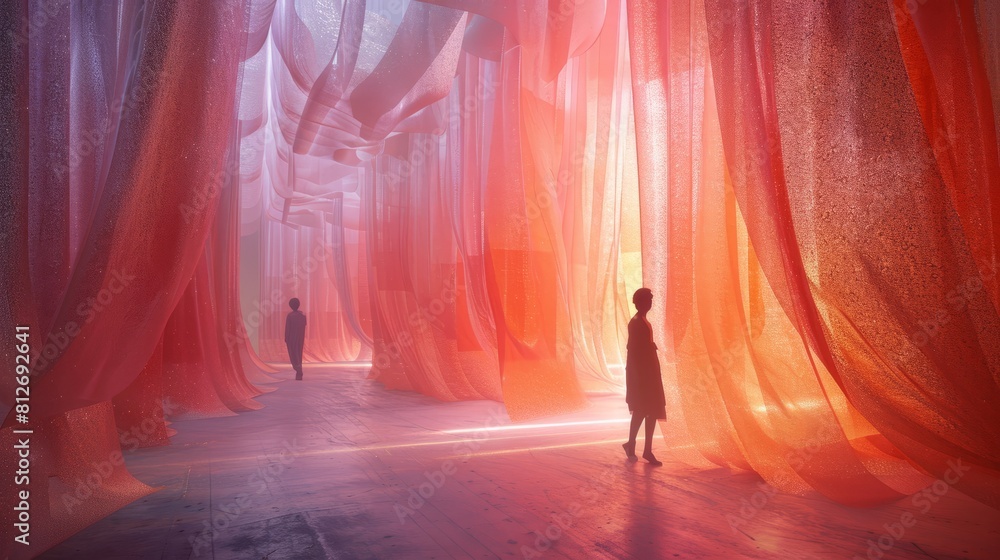 Poster a man and a woman are walking through a red tunnel. the tunnel is filled with red fabric and the lig