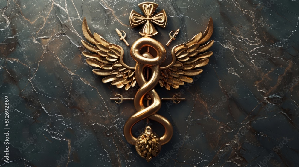 Poster a gold cross with a snake and two swords on it