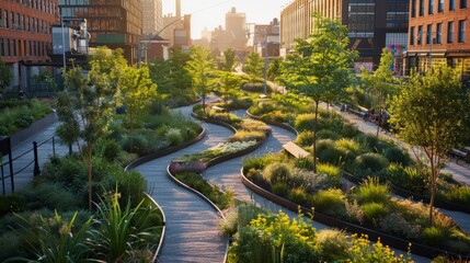 A city street with a long, winding path of trees and plants. The path is surrounded by buildings and has benches along the way. The scene is peaceful and inviting