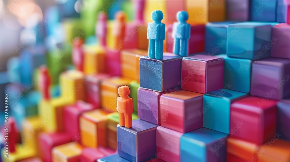 Poster colorful 3d structure made of blocks with two figures standing on top
