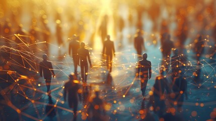 a crowd of people walking in a busy city street with a glowing network of connections between them.