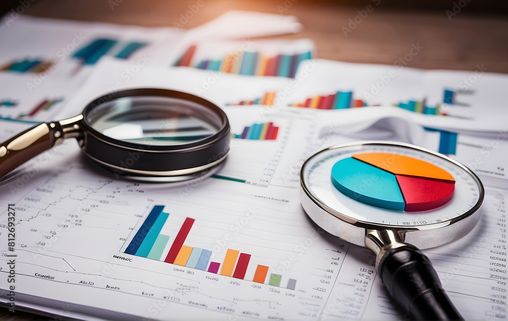 Poster background of an office with a magnifier analyzing and checking finance graphs